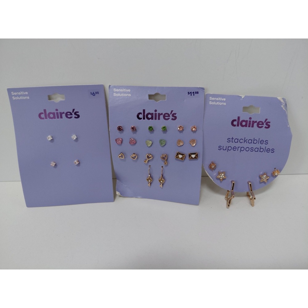 SET of 3 Packs Claire's Earrings Sensitive Solutions Variety 15 Pairs Studs NEW